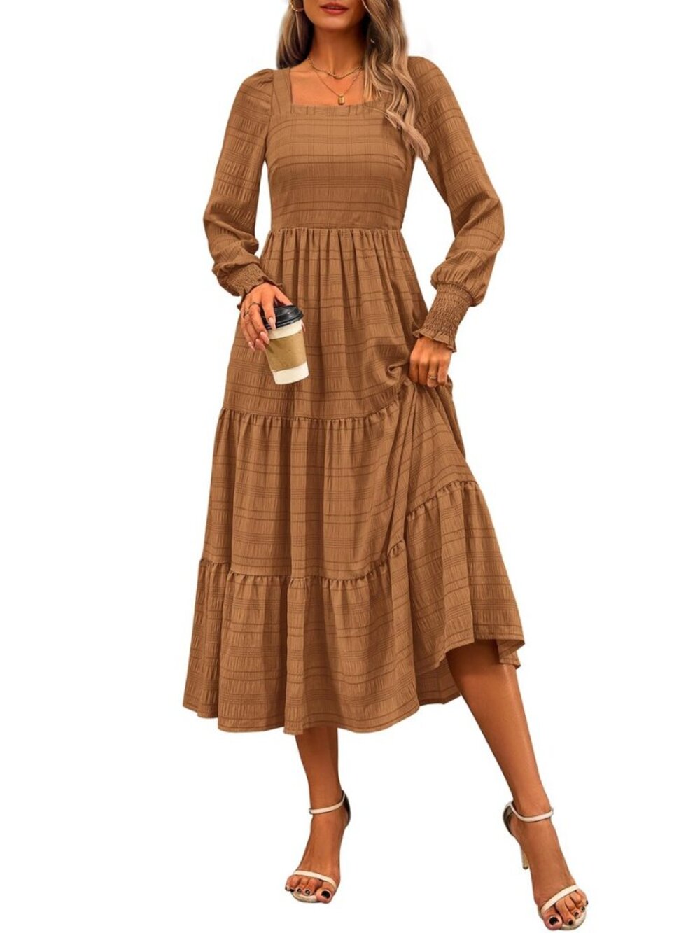 Women's Fall Dresses 2025 Puff Long Sleeve Square Neck Dress High Waist Smocked